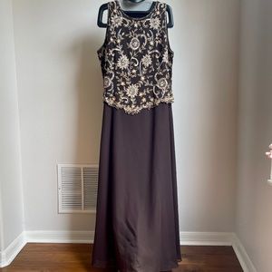 J Kara Black Maxi Dress with Gold Floral Embroidered Bodice